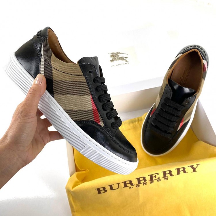 BURBERRY HOUSE CHECK AND LEATHER SNEAKERS 